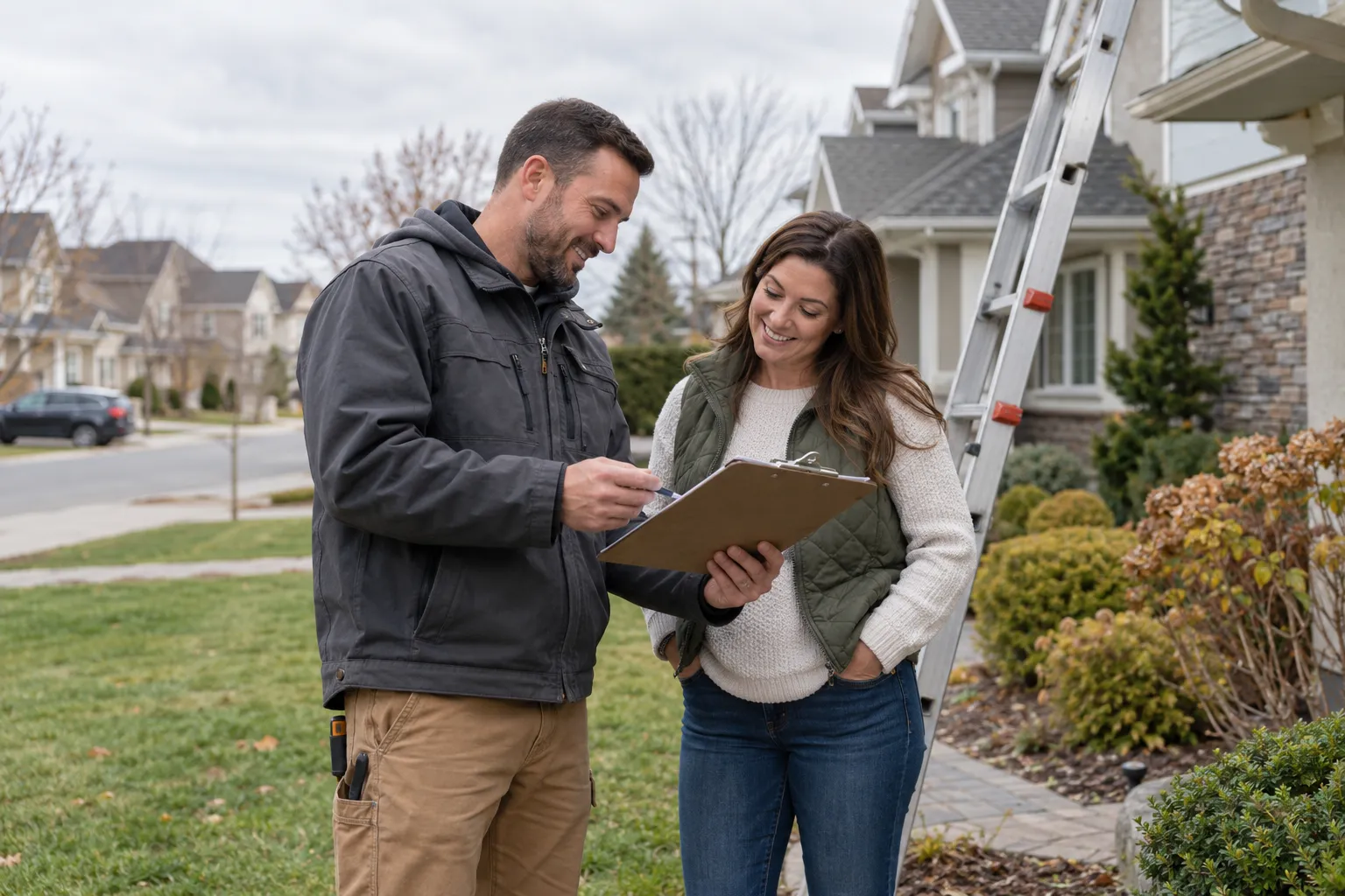 A roofing provider and homeowner reviewing a roof plan in the Dublin area