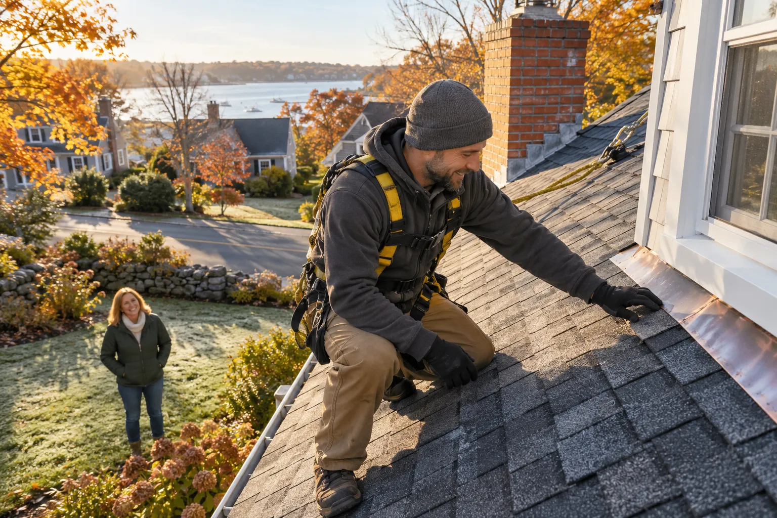A friendly local roofing provider inspecting shingles on a home roof in the Dublin area while a homeowner watches from below