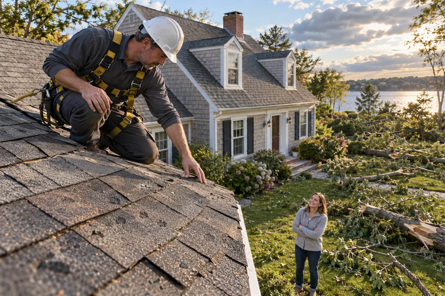 Local roofing provider inspecting hail damaged shingles on a home in Dublin after a storm